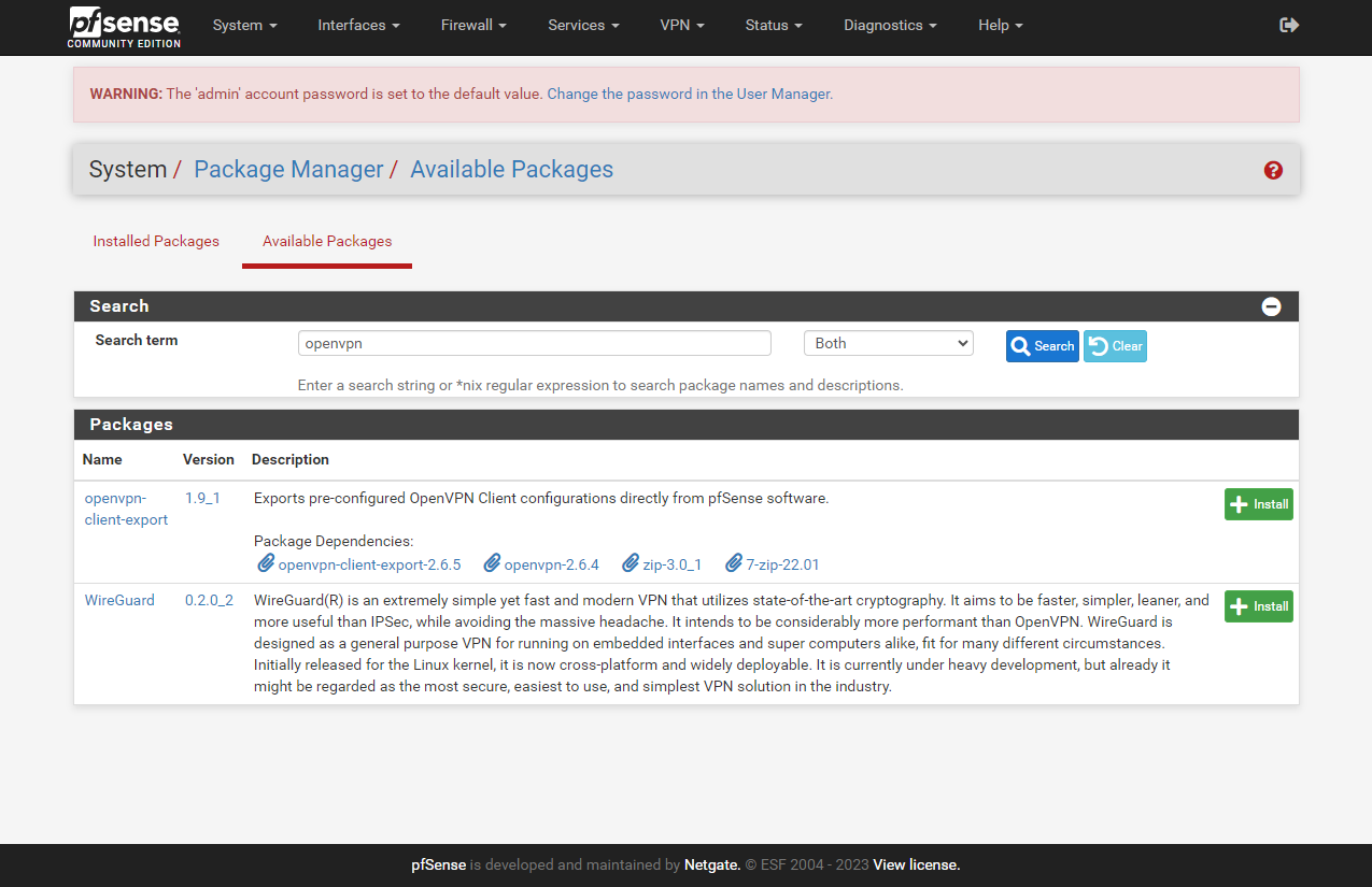 PfSense Package manager